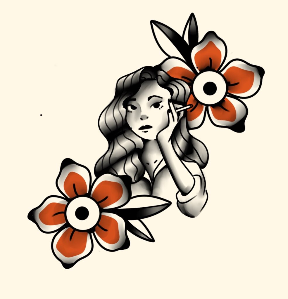 Traditional tattoo flash featuring a lady with flowing hair and flowers, bold linework, black and grey shading with red accents, by a Manchester CT tattoo artist serving Tolland County.