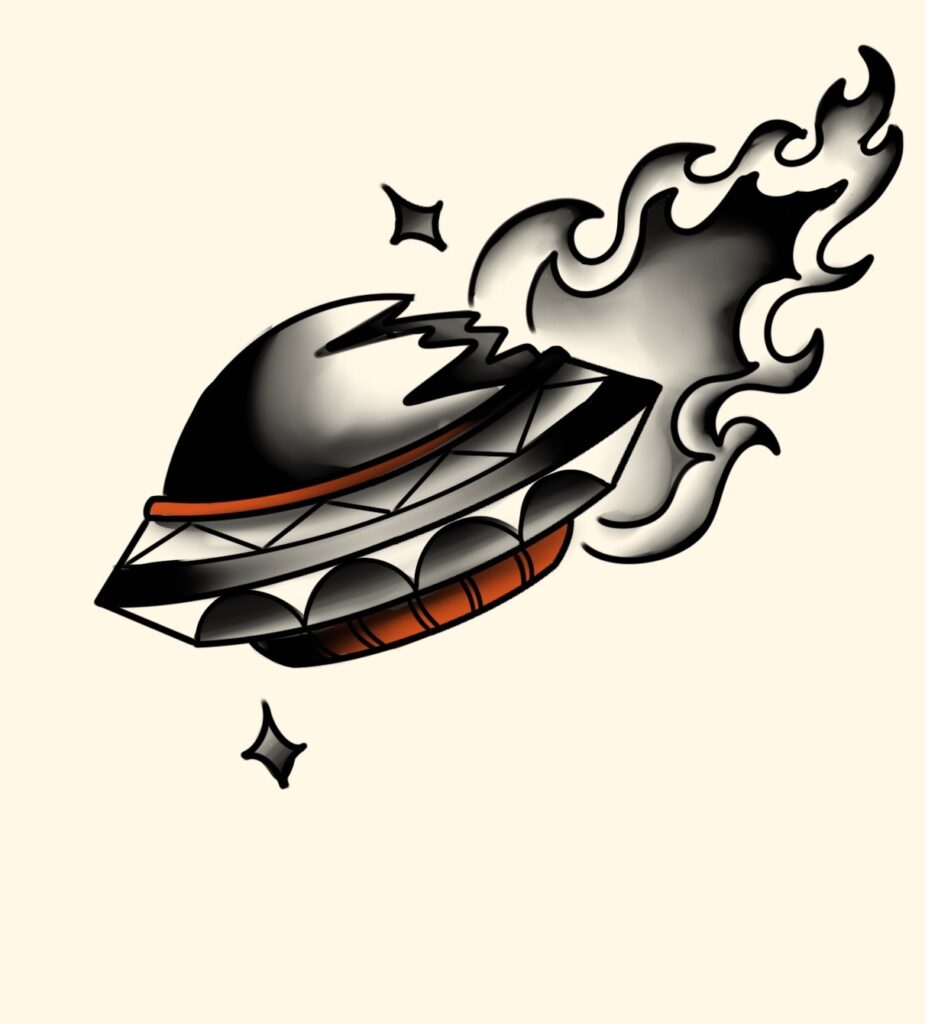 Available tattoo flash of traditional spaceship tattoo by a tattoo artist in Manchester, ct and Tolland county.