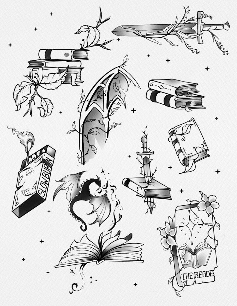 black and grey bookfest book and fantasy themed tattoo flash for manchester ct event.